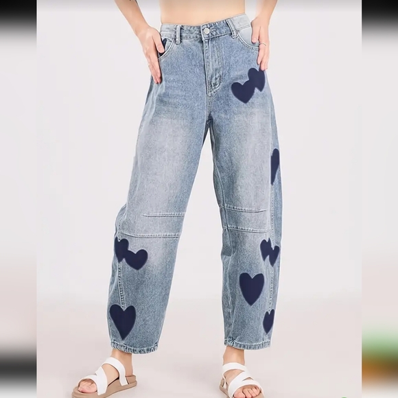 Jeans Women Print Long Pants Casual Loose Denim Blue - Picture 5 of 5